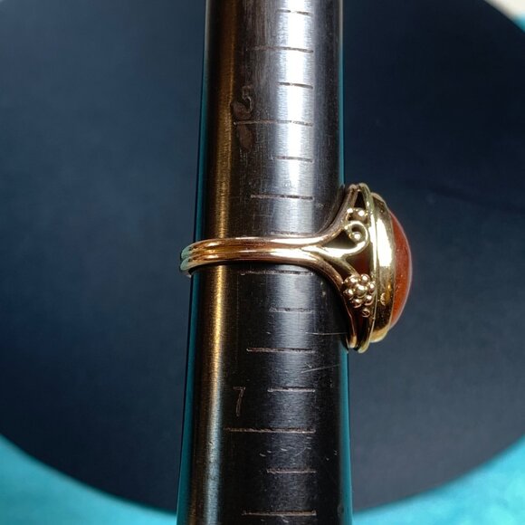 Handmade 14KY Gold Feldspar Sunstone Ring Split Shank Beaded Scroll Design SZ 6 - Picture 7 of 10